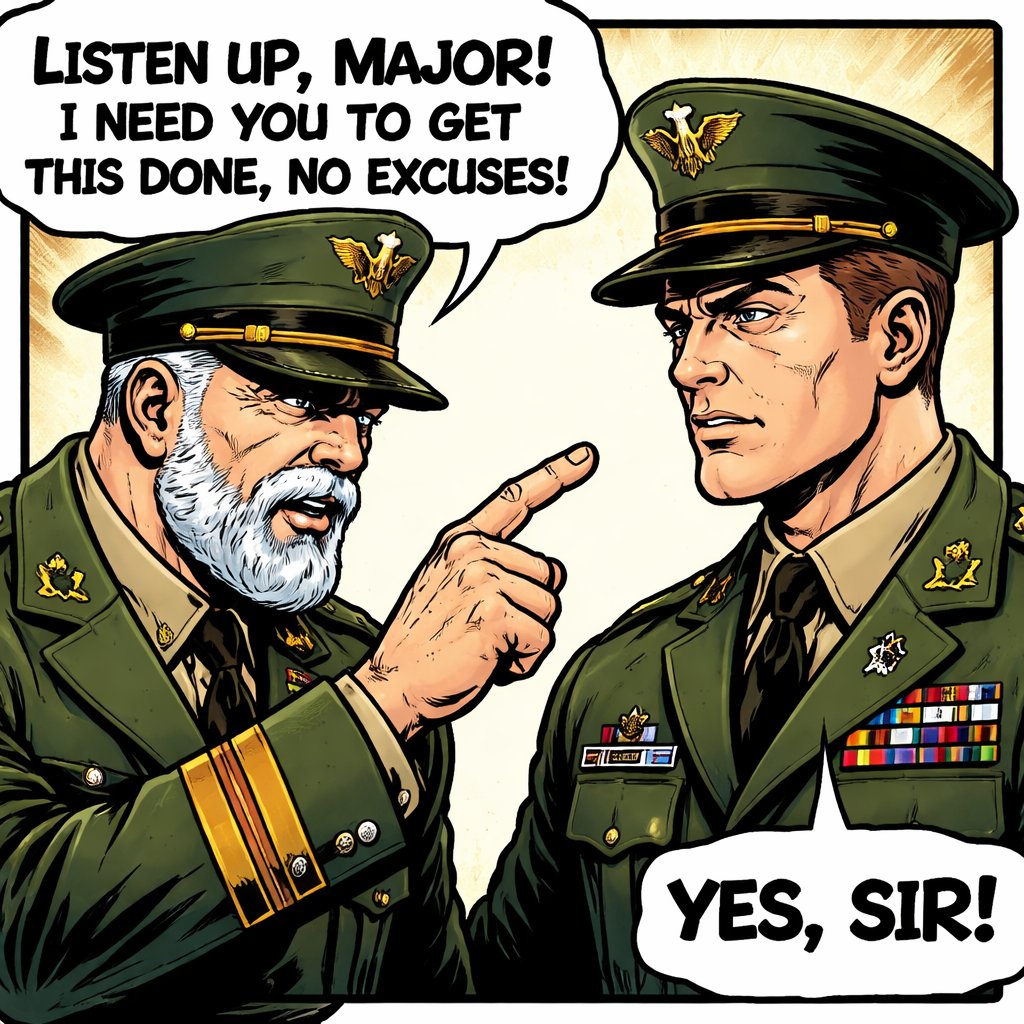 Two middle-aged military majors are standing close together one is younger than the other. The older one has a beard and moustache and is giving the other one a lecture.