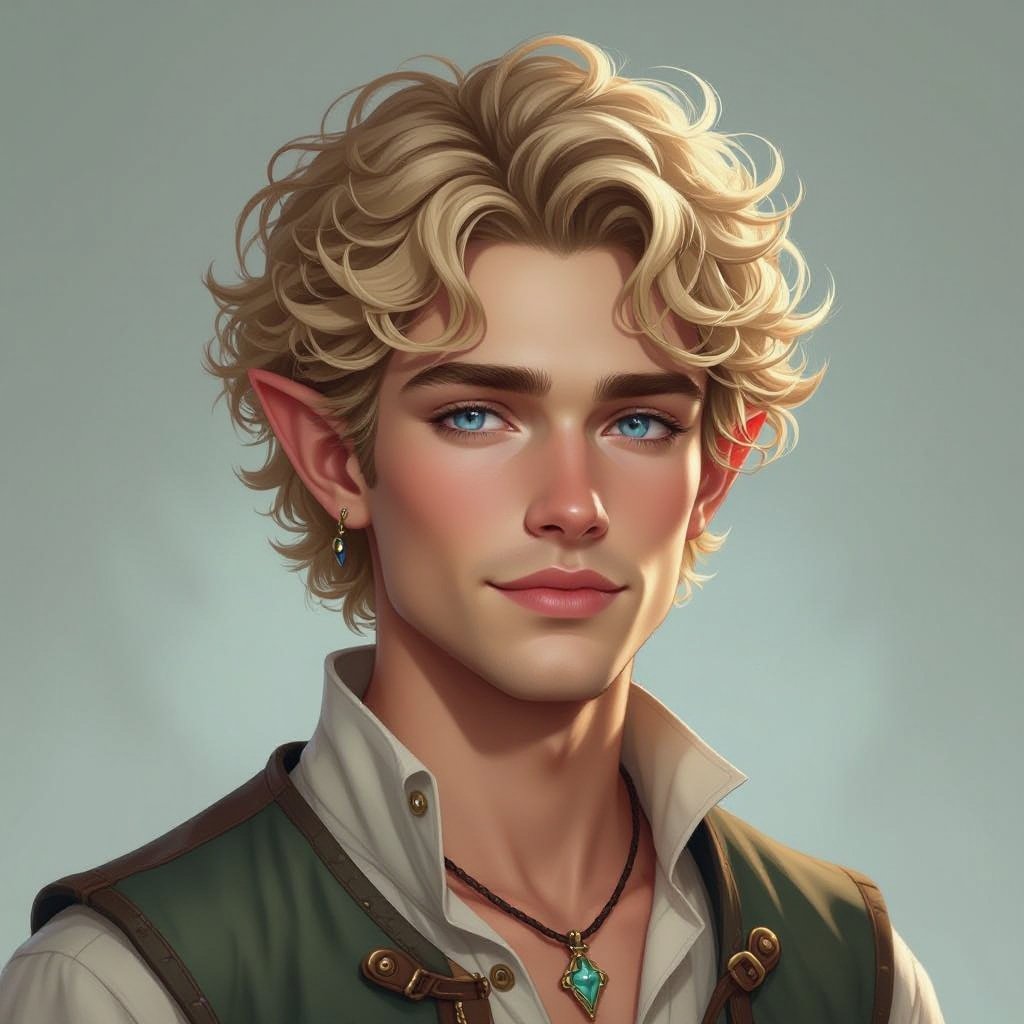 Mężczyzna. Człowiek. Delikatna uroda, włosy krótkie zasłaniające uszy, lekko kręcone, blond. Oczy jasnoniebieskie. Delikatnie zadarty nos. Wąska, uwydatniona szczęka. Ubrany alternatywnie. 