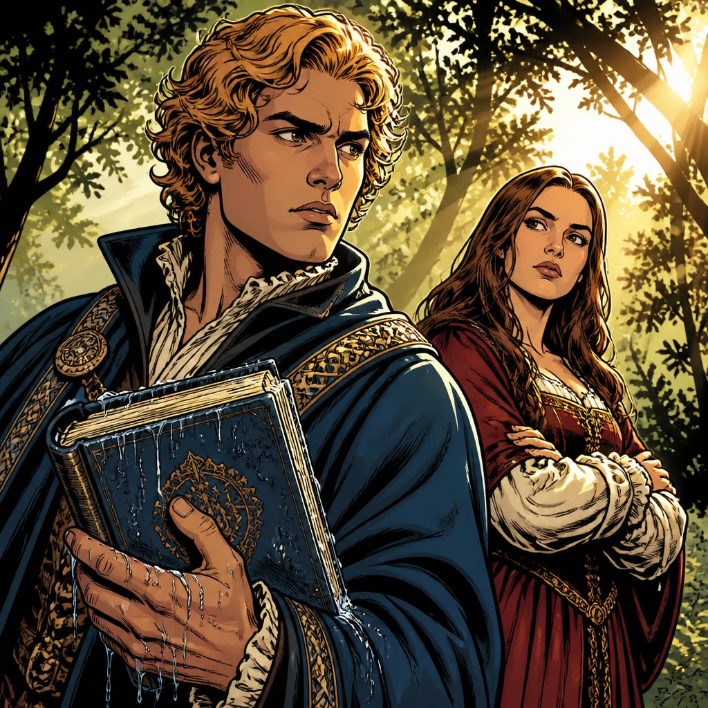 A serious man in his late 20s with curly blonde, curly hair, dressed in ornate Renaissance rose is holding a wet book with a blue cover. He’s standing in front avatar, slim young woman with long mid brown hair. Her arms are crossed she is wearing renaissance robes as well. The background is trees and sunlight.