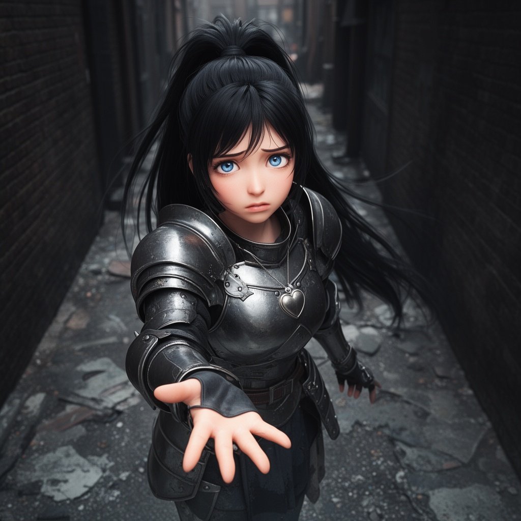 A beautiful girl with long black hair tied up in a pony tail wearing heavy armour she has peachy skin and nice blue eyes. She has a puzzled look on her face with a heart pendant hanging from her neck. She is in a dark alleyway offering a hand to the camera looking down as if the camera is on the floor looking up.