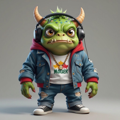 Create a funny looking monster dressed like a dj kinda with square face