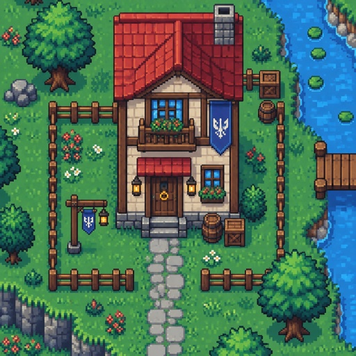 Thin Two story house, unique, for a modern fantasy game, exterior, top down style, shading and highlights