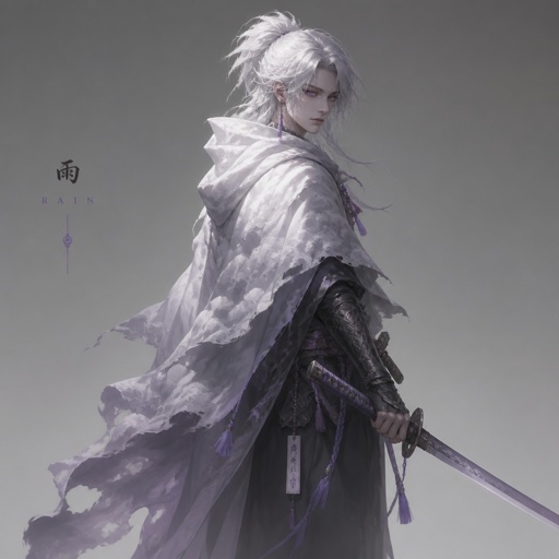 assassin based on clouds, name rain, pearl white hair, pearl purple eyes, cloud cape, katana