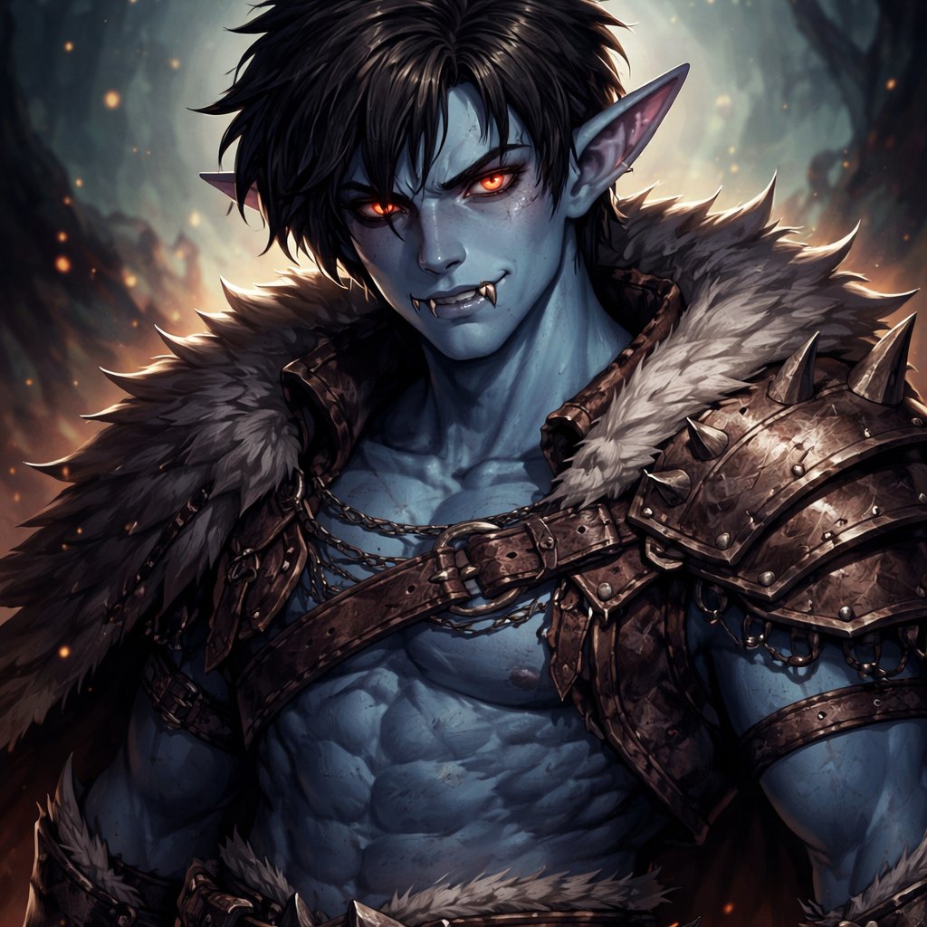 Gerate me a Lord of the Rings Charakter, he will be a half elven, Half Uruk-hai character, male, black Hair and Fangs, he Shoult look a Bit human tho and smaller, Blue Skin
