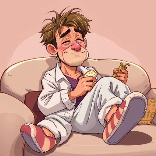 Create mid 30 character who is lazy as heck. And you could tell from his face and his entire outfit. Make is funny and the style of the graphic photographic