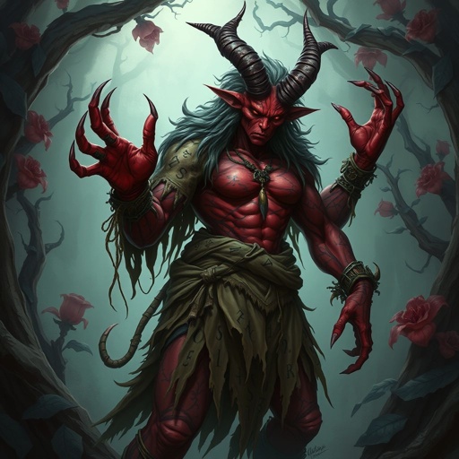 A giant red skinned tiefling Druid, suffering from a corruption that causes her veins and skin to start becoming black. 