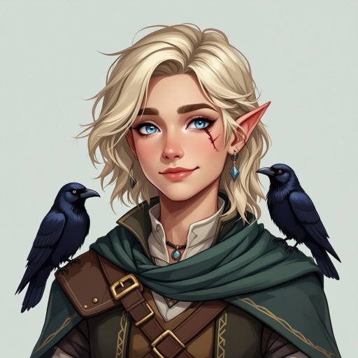 A non-binary DnD character, background merchant, class rogue, species Aasimar, blonde slightly longer hair, blue eyes, scar on eye, early 20s, companion animal raven “Fips.”