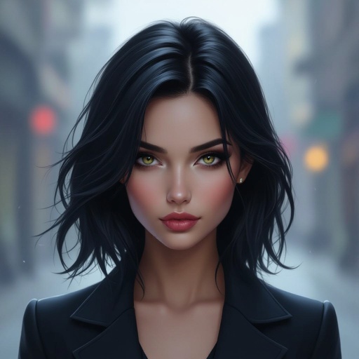 Show character head to toe. Create hero woman jet-black hair is cut sharpand her eyes seem to pierce through darkness. A shadowy aura clings to her form,