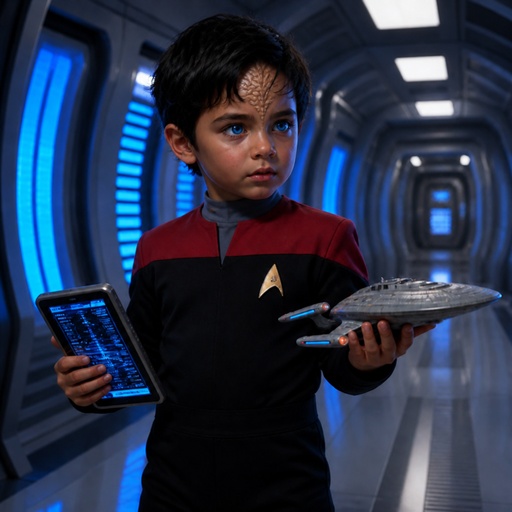 a young boy in a star trek uniform holding a tablet