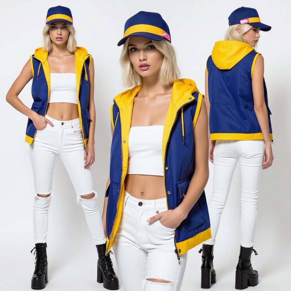 Pretty blonde and pink hair in a Bob Haircut wearing a stylish Indigo cap with Yellow band and  she wears a matching open Indio, Yellow vest with a hood and a low cut white  tube top and white torn skinny jeans and  black high combat heel boots