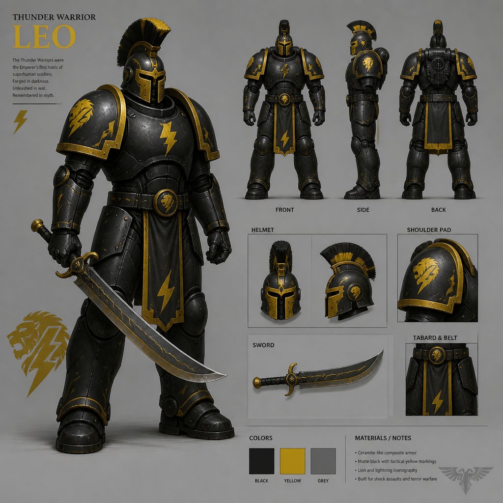 thunder warrior named leo, curved sword, crested, helmet, colors black yellow grey