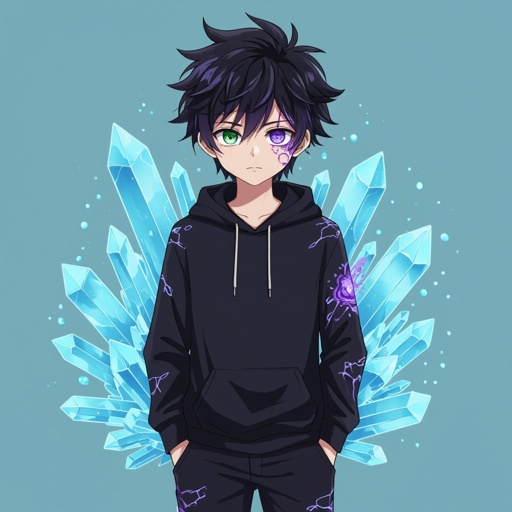 (This is me my name is Gem I have black messy hair with purple highlights, my right eye is green an my left eye is purple but it is infected by crystals making a purple crystal spot around it with purple veins coming from it, my outfit usually consists of black hoodies,sweat pants both crystallized I also have the ability to create and control crystals,I'm a boy and PS this is my description)