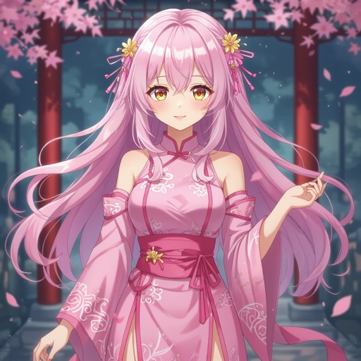 Anime girl light pink hair with yellow eyes and traditional Chinese dress pink