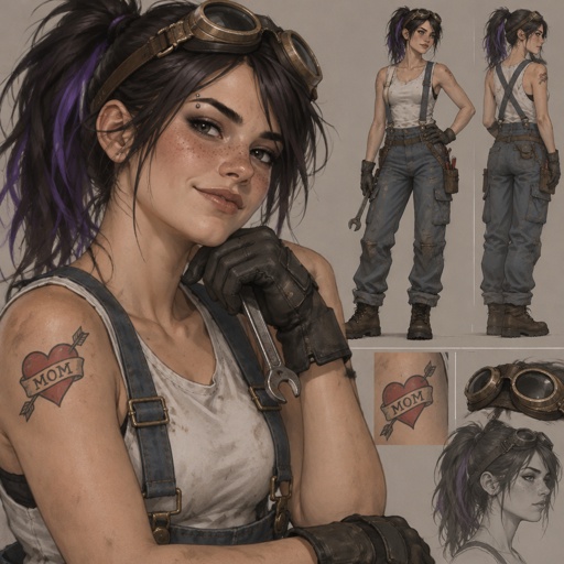 Female, freckles, 18, smirking, side ponytail black hair with purple strips, mechanic goggles, white shirt no sleeves no cleavage showing, Jean suspenders, black work gloves, eyebrow piercing, red heart with an arrow going through it with the word mom on the heart tattoo on right shoulder, 