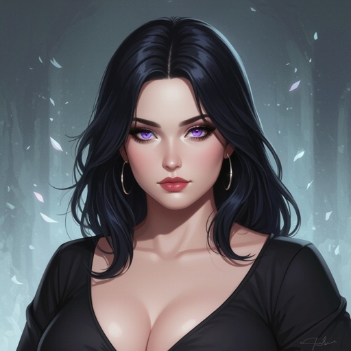 Create fat mysterious woman jet-black hair is cut sharp to her jawline, and her violet eyes seem to pierce through darkness. A shadowy aura clings to her form, faint shapes shifting and flickering behind her like whispers of another realm. Show whole body head to toe