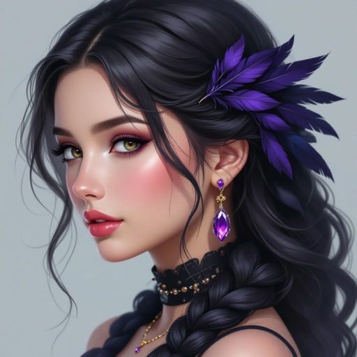 Take this picture and take the gem out of hair and add more raven feathers in the hair but add purple gems to earrings
