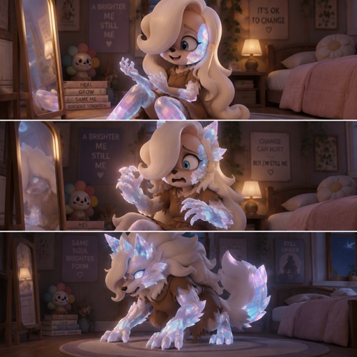 Ginger from Dandys world in her room enjoying her new Opalite legs and arms and face piece in one scene and the middle one she’s half Opalite werewolf and she’s scared and the last one she’s fully transformed 