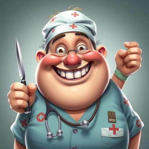 create a fat doctor. Who is funny human looking from head to toe. And he always immediately results to surgery for anything even small things. So please be sure to show his whole outfit head to toe. Make him have funny teeth 