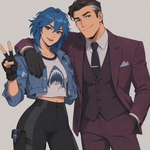 Light rider from Fortnite, neck length blue hair, cropped jean jacket black leggings, tshirt with shark on it, gloves, Squire from deceive inc, arm around shoulders, smiling