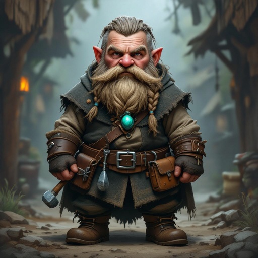 Create a stocky dwarf with a weathered face, braided beard tucked into his belt, and straw-tousled hair. Wears a soot-stained cloak over a leather smith’s vest, tool belt with hammer and chisels, heavy boots. Subtle turquoise rune glow from a pebble at his neck,