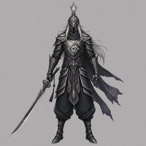 assassin, long curved sword, crested helmet, dark silver armor, luminous lord, baggy pants, eye of the storm mark, silver hair