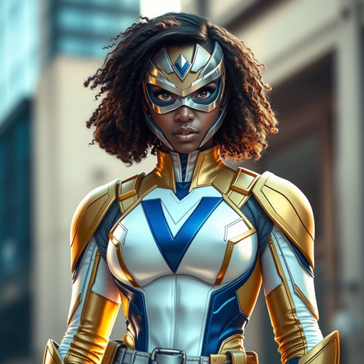A teenage African American female with shoulder length curly hair  in a side part style superhero  wearing an armored MASK and a slightly armored white and gold suit with white pants and blue accents and a stylized V as her chest emblem a utility belt and gold boots