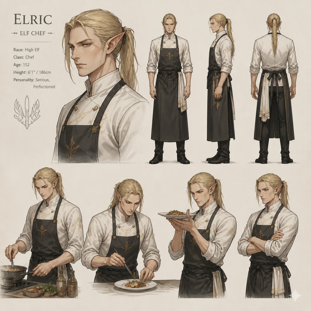 male, elf, ponytail blonde hair,apron,serious, chef, multiple of the same character