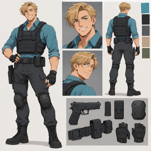 Male, short messy blonde hair, brushed side hair, hair in middle of forehead, smiling, cyan shirt, bulletproof vest, fingerless gloves, knee pads, belt with gun