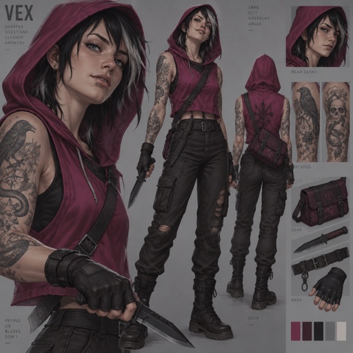Female, black jagged hair cut, neck length, white strands, two lip piercings, blue eyes, magenta sleeveless hoodie hood up, dark magenta satchel, belt with knife attached, gloves, tattoos on both arms, holding knife, smirk