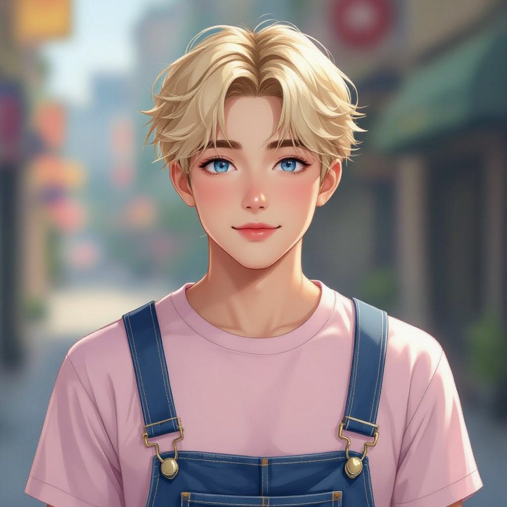 Japanese male looks 19-years old blonde hair blue eyes no bear wearing a light pink shirt with overalls has a bit of chubby cheeks looks a bit feminine and a bit frail no button shirt
