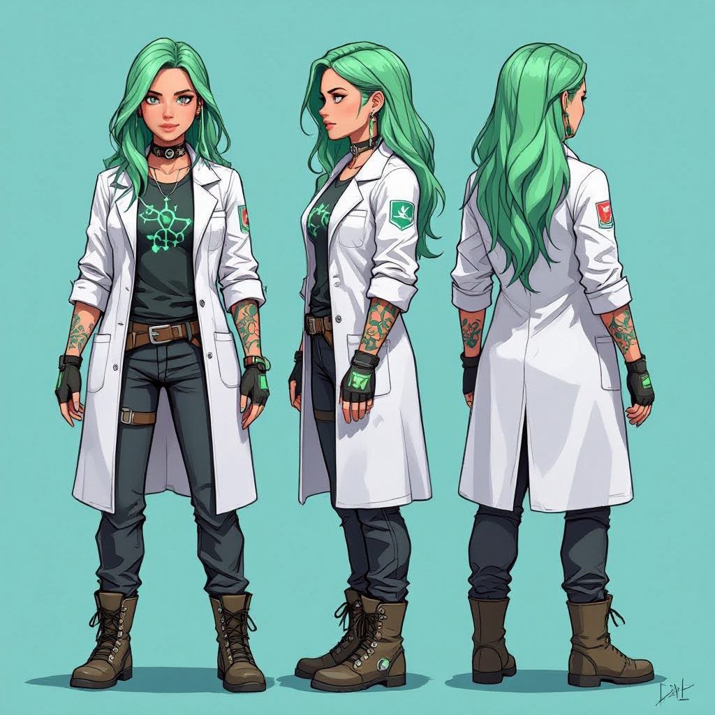 She is a woman that lives in the biotechnology faction of a RPG world. She’s 24 years old, is a scientist that uses herself as testing, had biochemistry tattoos and greenish hair. Her style has traces of punk but she has a kind face and her hair is long. She uses a lab coat, shirt, pants and boots. She only had 4 fingers on each hand. Make 3 full body designs of her