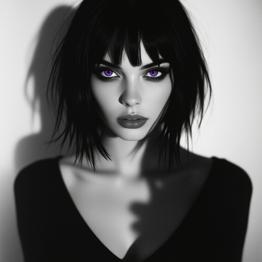 Show her shoes and entire body. Create mysterious woman jet-black hair is cut sharp to her jawline, and her violet eyes seem to pierce through darkness. A shadowy aura clings to her form, faint shapes shifting and flickering behind her like whispers of another realm. Show whole body head to toe