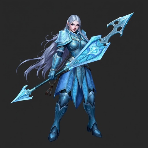 Create a battle woman hero called Alvara the Frostheart. Show full body head to toe including shoes
