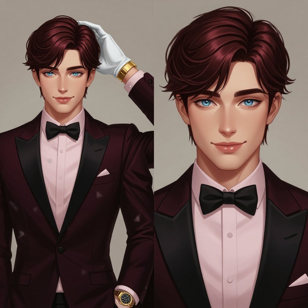 Tall young adult male with bright dark red hair that is neatly combed with the bangs going to one side, short to medium length. Bright blue eyes. White skin. Smug smile. One hand behind his head pose. A dark almost black, maroon tuxedo jacket that is closed and pants with the same color. The undershirt would be a light pink and a black bowtie. Wearing white gloves with a gold watch on the right wrist. Black dress shoes and pink socks.