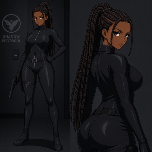 A tall dark skinned girl dressed in full black spy clothes with long dark braids tied in a pony tails with a very attractive body