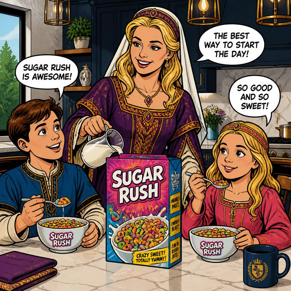 A contemporary kitchen very upscale, a mother with blonde hair dressed and renaissance robes is beside her are a boy and girl eating a breakfast cereal called Sugar Rush. Everyone is happy and smiling. highly realistic, deep tones.