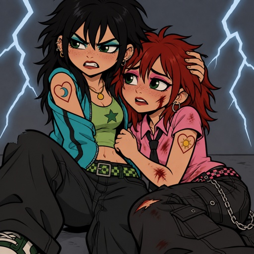 Female, teen, freckles, dark green eyes, cyan ray shadow, ear piercings, angry, choppy black neck length messy hair, bangs on one side of face, cyan jacket with shoulder holes, light green crop top, yellow heart tattoo with a blue moon inside on shoulder, baggy pants, belt with dark and light green triangles, lightning powers, gold necklace, Female, teen, freckles, dark green eyes, hot pink eye shadow, hoop earrings, choppy red neck length hair, bangs on one side of face, sleeveless button up pink shirt, pink tie with gold clip, blue heart tattoo with a yellow sun inside on shoulder, baggy pants with gold chain, two belts with dark and light pink triangles, injured, black haired girl worried holding red haired girl, twins
