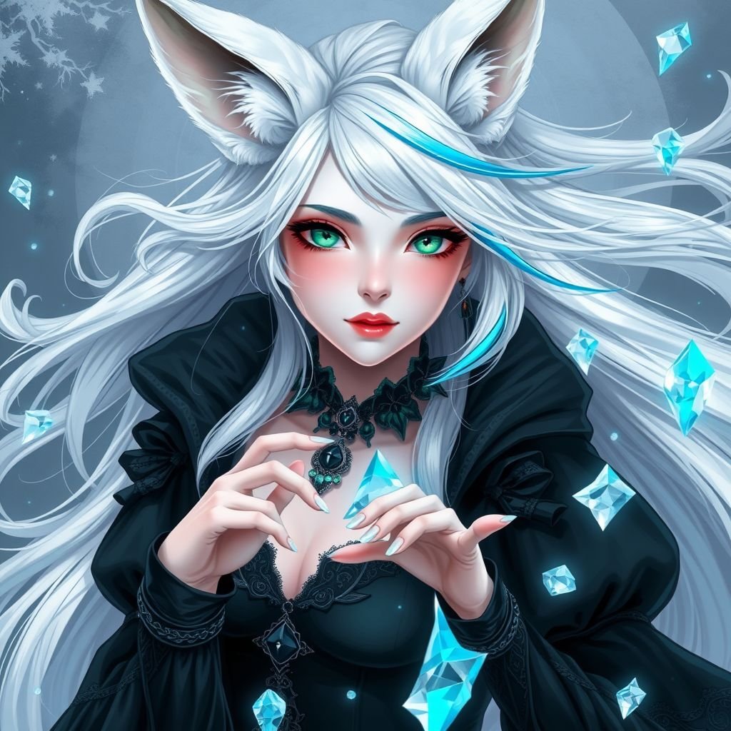 A pale teenage girl. Hair as white as snow with cyan tips, emerald eyes and small fox ears wearing mystic royal black top and trousers conducting ice (Russian themed)