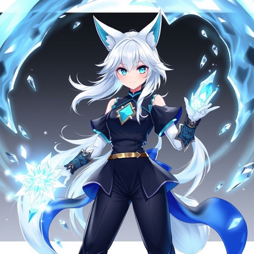 (Genshin Impact based) A pale teenage girl with a Cryo Vision wearing a royal black top and trousers with hair and small fox ears as white as snow with emerald eyes and conducting ice. She also has an ancient magical right arm
