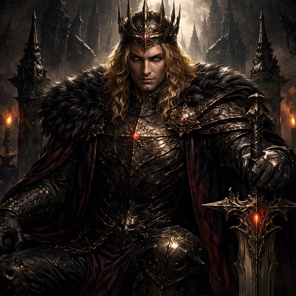 A 40 year old king who has golden hair. He has dark mysteries brown eyes. He looks evil and dark and strong.