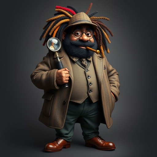 Create a funny fat character similar to Sherlock Holmes, but make him of black decent and with dread locks. Show his whole outfit including his shoes.