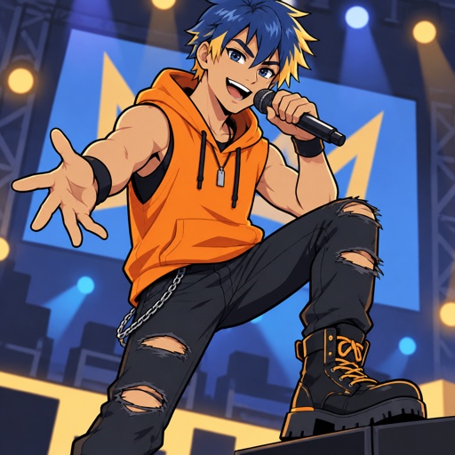 male straight jagged blue hair cut yellow tips, orange sleeveless hoodie, ripped pants, boots, smiling, dark blue eyes, singing
