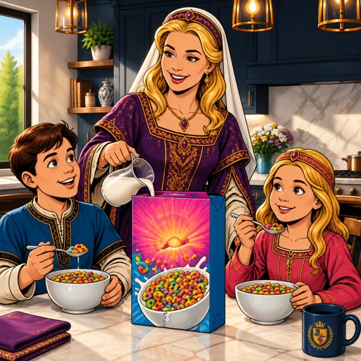 a painting of a woman and two children eating cereal