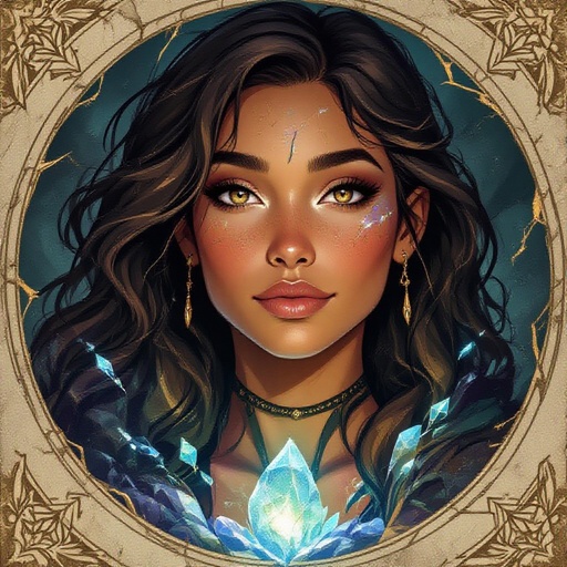 Her skin has the texture of smooth river stone—warm browns streaked with mineral veins that glow faintly when she casts. Her hair falls in heavy, dark waves threaded with tiny flakes of mica. Her eyes are wide, deep, soft; they crackle with buried intelligence like shifting tectonic plates. Earth Genasi wizard