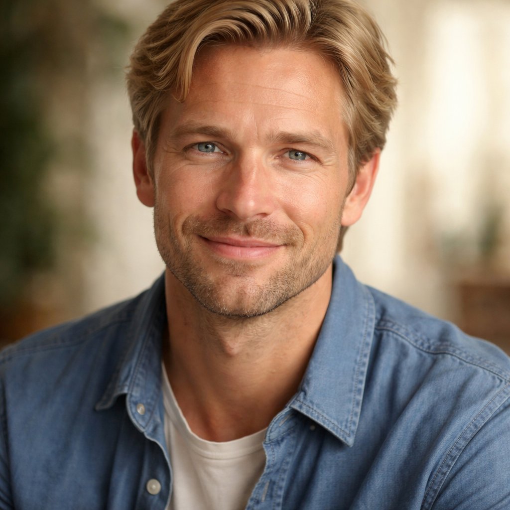 A 40 year old man who has blonde hair and blue eyes. He as a warm smile.