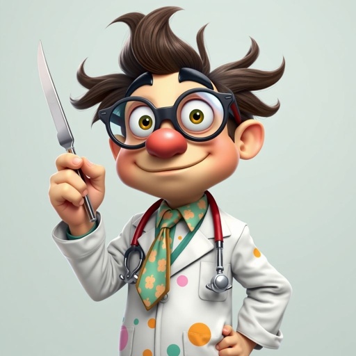 create a funny looking doctor, named doctor p Pom. Who is funny looking from head to toe. And he always says immediately results to surgery for anything even small things. So please be sure to show his whole outfit head to toe.