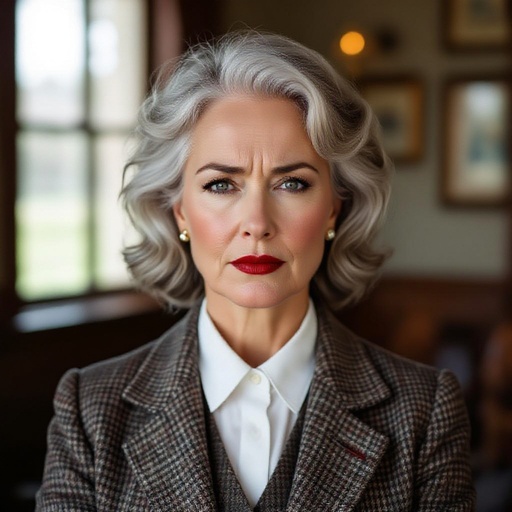 Middle aged woman with salt and pepper hair, slightly grumpy, dark red lipstick, boarding school professor vibes