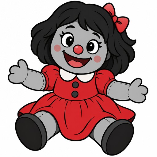A puppet doll, Red dress, chubby body figure, dark hair, grey skin