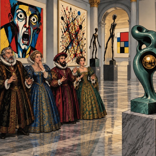 a group of people standing next to each other in front of paintings