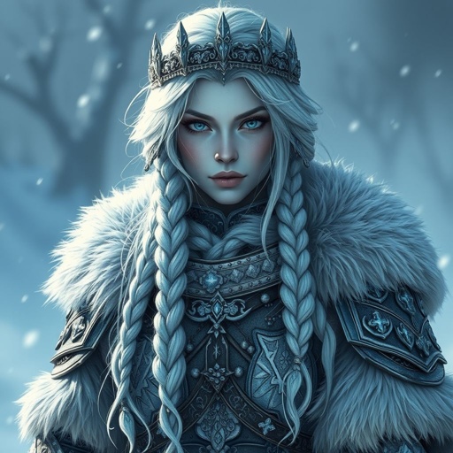 Create a character head to toe showing the whole character, meaning legs feet body face everything: A tall, battle-hardened woman with pale, icy-blue skin. Her long silver hair flows in braids tipped with frozen beads. She wears heavy, fur-lined armor made from the hides of snow beasts. Her eyes glow faint blue. A frost-shaped crown rests lightly on her head. Please show whole character not just waste up.